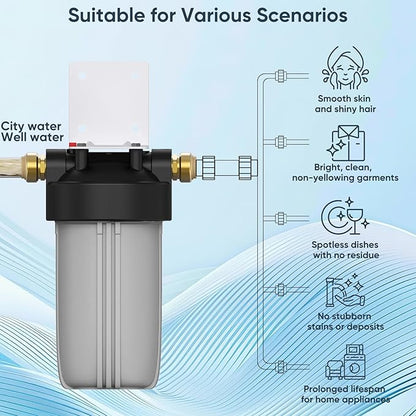 4-Stage Whole House Salt-Free Water Softener Alternative, Scale Prevention Water Filter with 3/4" Metal Ports, Compact 25K Gallons Capacity for Chlorine, Iron, Manganese, Sediment, Taste & Odor