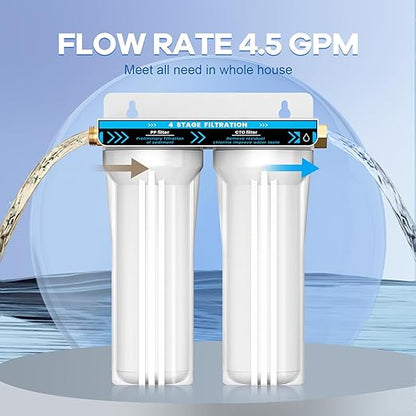 RV Dual Water Filter System, 4-Layer 2 Stage RV Water Filtration System, Removes Sediments,Chlorine,Heavy Metals, Odors, Water Filter for RV, Campers, 3/4'' Lead-Free Hose Quick Connectors