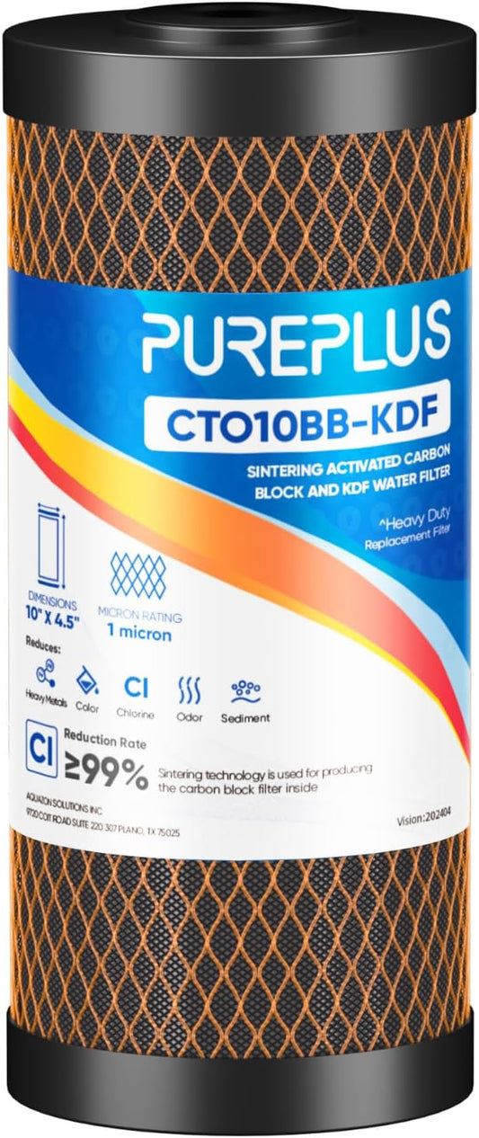 PUREPLUS 1 Micron 10" x 4.5" Whole House Coconut Shell Activated Carbon and KDF Water Filter, Heavy Metal Removal Replacement Water Filter, Compatible with GXWH40L, GXWH35F, BB10, CTO10BB-KDF, 1 PACK