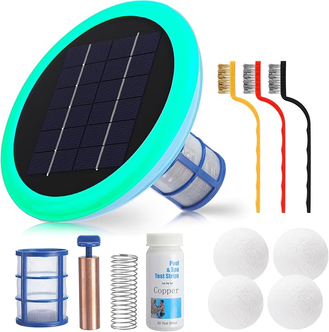 Solar Pool Ionizer Cleaner Self-Luminous Automatic Floating Water Purifier Copper Pool Ionizer with 4 Pcs Scum Eliminating Ball, up to 45, 000 Gallons for Above Ground In-ground Pools Spas