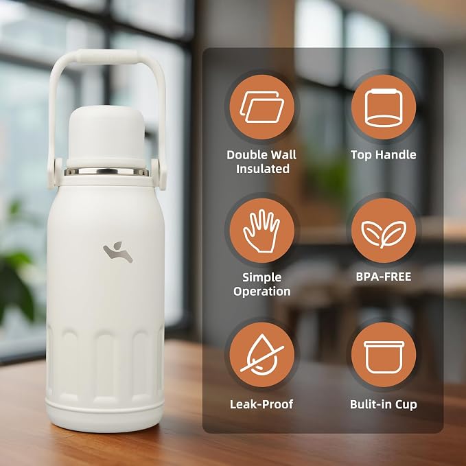 Konokyo Insulated Water Bottle with Handle and Strap,Vacuum Travel Tumbler with Cup Lid,Thermo Coffee Cup for Hot Cold Drinks 40 OZ,Beige