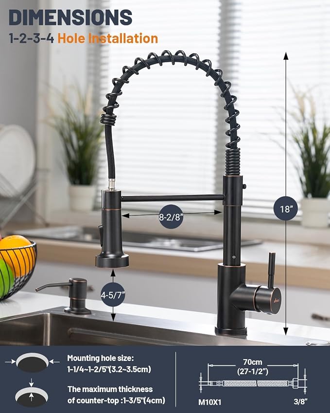 APPASO Spring Style Kitchen Faucet with Soap Dispenser Oil Rubbed Bronze | NSF/ANSI/CAN 372 & Lead-free, Kitchen Sink, Single Handle Commercial Faucet with Pull Down Sprayer for Kitchen Laundry RV