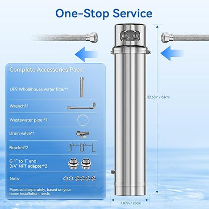 Whole House Water Filter 6-Year Backwash Filtration System Stainless Steel | 880K GL, 6 Year Backwash Filter, 0.01μm UF Filtration, 304 Stainless Steel, High Flow Whole House, for Well/Tap/Lake Water