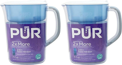 PUR 7-Cup Water Filter Pitcher, Cleaner, Great-Tasting Water, Dishwasher Safe, Powerful, Faster Filtration, LockFit Cap Design - White (Pack of 2)