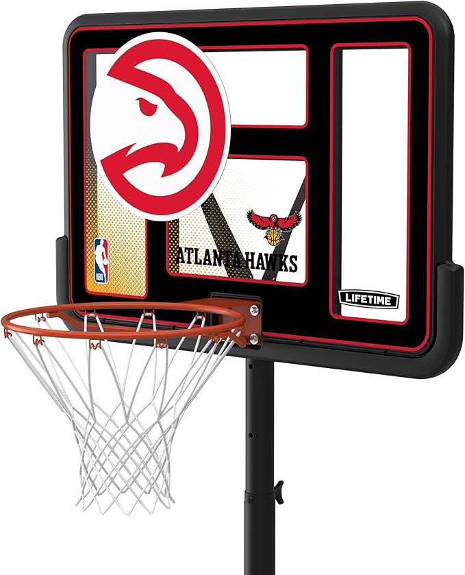 Lifetime NBA Atlanta Hawks Portable Basketball Hoop, Adjustable Height 7.5-10 Ft, 44 Inch Shatterproof Fusion Backboard, Base with Wheels