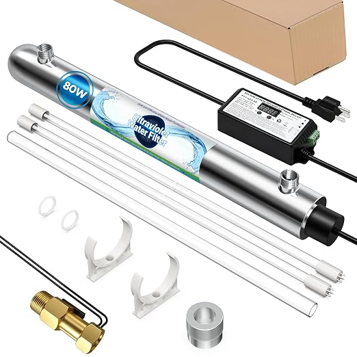 Whole House UV Water Filter System 80W 120V, 12GPM High Flow Whole Home Water Purifier with 1” MNPT Ports Equipped with Intelligent Water Flow Switch | UV water treatment system for city & well supply; Smart flow sensor enables fully auto-runs and exte...