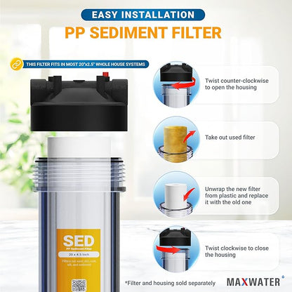 Max Water Slim Blue 5 Micron 20 inch x 2.5 inch Whole House Melt-Blown Polypropylene Sediment Water Filter Replacement Cartridge (Pack of 2)