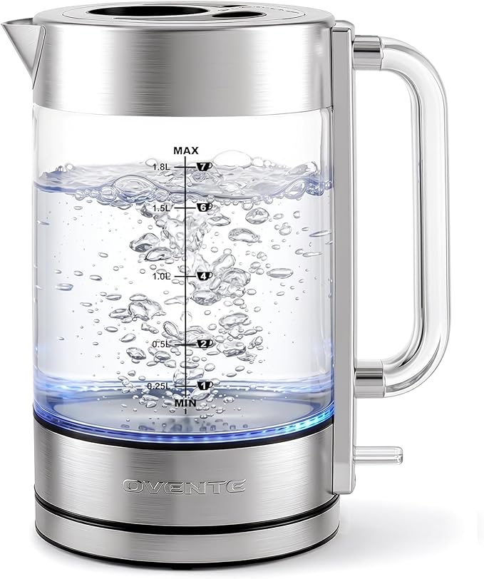 OVENTE Electric Kettle, 1.8L Tea Kettle Cordless with Borosilicate Glass Water Boiler, Stainless Steel Base, Acrylic Handle, 1500W Fast Boil Electric Kettle, Easy Fill Lid, Auto Shutoff, Silver KG911S
