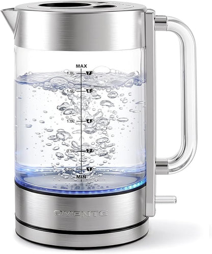 OVENTE Electric Kettle, 1.8L Tea Kettle Cordless with Borosilicate Glass Water Boiler, Stainless Steel Base, Acrylic Handle, 1500W Fast Boil Electric Kettle, Easy Fill Lid, Auto Shutoff, Silver KG911S