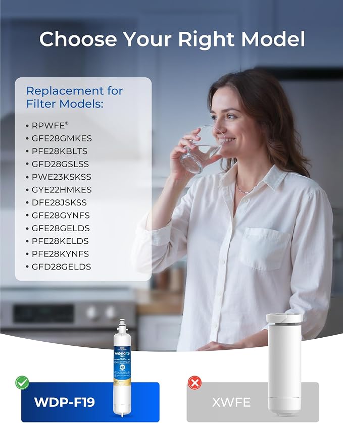 Waterdrop Plus WDP-F19C Water Filter Replacement for GE® RPWFE®, 2 Pack | NSF 401, Replacement for GE® RPWF (with CHIP) , WSG-4, GFE28GBLTS, GFE28GSKSS