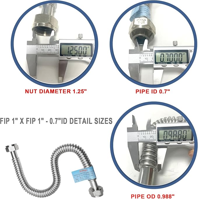 2 PACK, 24" Length Stainless Steel Flexible Corrugated Water Heater Connector, 1"FIP x 1"FIP, 1 Inch SS304 Flex Pipe Hose For Water Softener (0.7"ID)