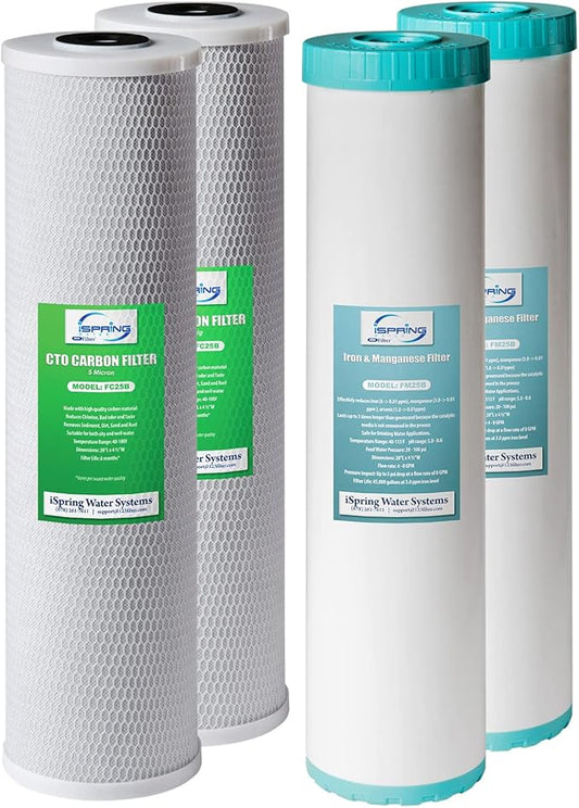 iSpring F4WGB22BM 4.5” x 20” 2-Stage Whole House Water Filter Set Replacement Pack with CTO Carbon Block and Iron & Manganese Reducing Cartridges, Fits WGB22BM, White