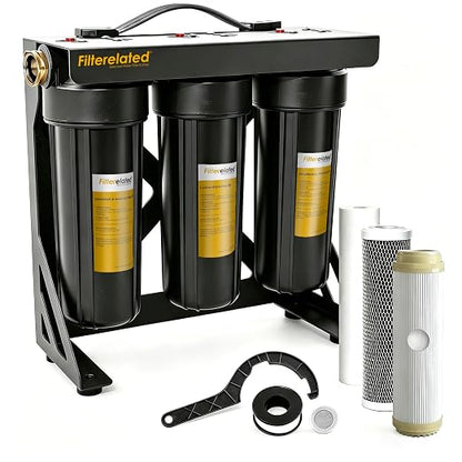 Filterelated Upgraded 3-Stage RV Water Filter w/Bracket, PP+Polyphosphate, Carbon Block & 0.01μm UF, 3/4" Brass Fittings, Reduces Sediment, Chlorine, Metals, Odors – for Camper, Boat, Garden