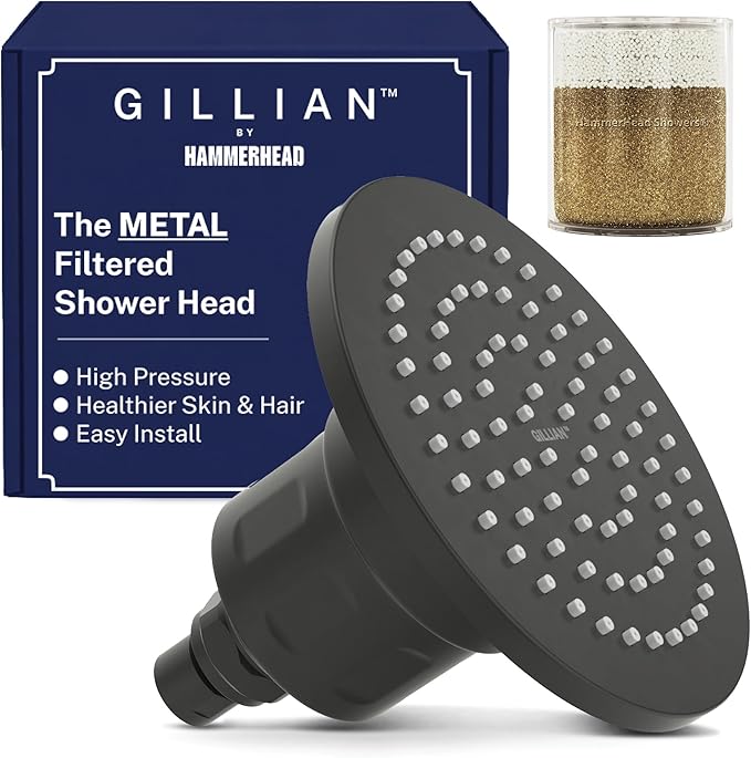 Gillian™ by HammerHead High Pressure Shower Head with Filter – Genuine KDF-55 Filtered Shower Head for Hard Water, Healthier Skin & Hair – Metal 6-Inch Rainfall Showerhead with Filters, Matte Black