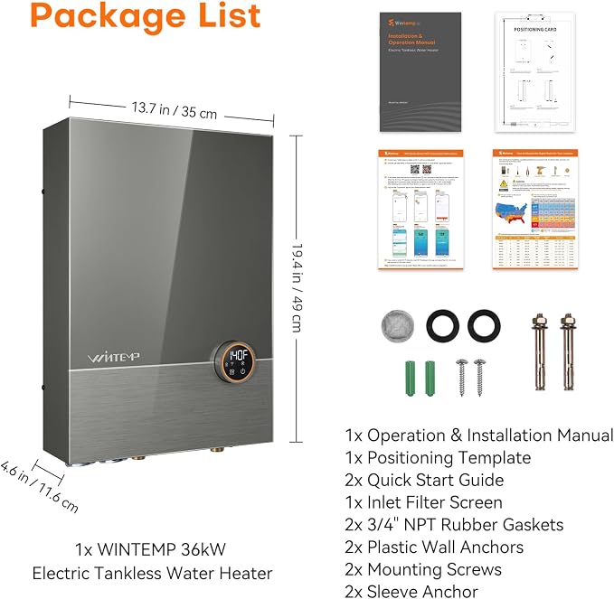 36kW Tankless Electric Water Heater 240V, Whole House, WiFi | On Demand Hot Water, Automatically Maintains Water Temperature, Up to 8.7 GPM, ETL, Eco, Max Current 150A