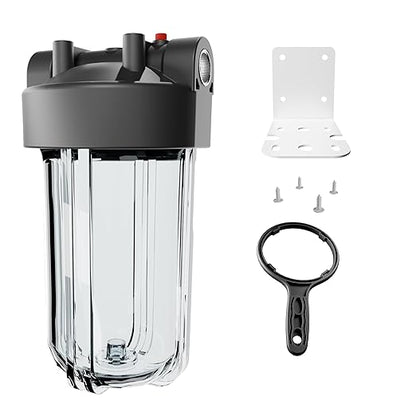10" x 4.5" Whole House Water Filter Housing – 1" NPT Stainless Steel Ports, Heavy Duty Clear Filter Sump – Double O-Ring Leak-Proof with Pressure Release Valve – Fits All 10x4.5 Filters