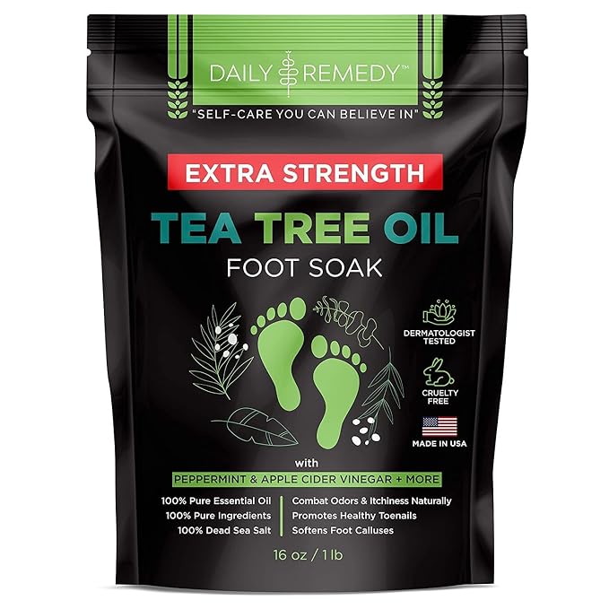 EXTRA STRENGTH Tea Tree Oil Foot Soak with Epsom Salt - Made in USA - for Toenails, Athlete's Foot, Itchy Feet, Stubborn Smelly Odor, Pedicure, Calluses -16 oz