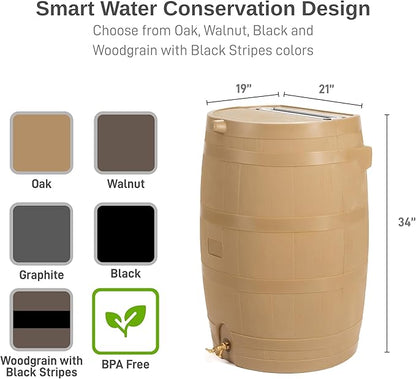 RTS Home Accents 50-Gallon Rain Barrel, Flat Back Rain Water Collection Barrel, Link Kit Included, Oak Color (2 Pack)