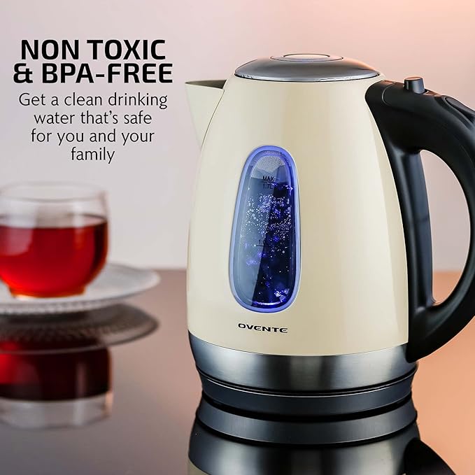 OVENTE Electric Kettle, 1.7L Stainless Steel Water Heater and Boiler for Coffee or Tea with BPA Free & Cordless Body, Auto Shut-Off, Boil-Dry Protection, LED Light and Removable Filter, Beige KS96BG