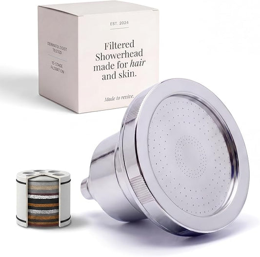 Filtered Shower Head for Hair & Skin – 15-Stage Filter Reduces Chlorine, Heavy Metals & Hard Water – High Pressure Showerhead – Water Softener for Hard Water For Dry Skin, Hair & Sensitive Scalp