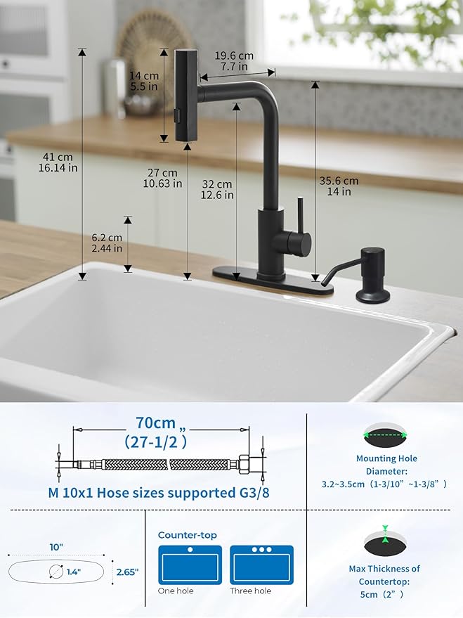 Black Kitchen Faucets with Pull Down Sprayer,Waterfall Kitchen Sink Faucet with Soap Dispenser,Utility Stainless Steel Kitchen Faucet,Single Handle Kitchen Faucet with Pull Down Sprayer for 3 Function