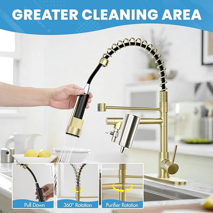 AIMADI Gold Kitchen Faucet with Water Filter and Deck Plate, Commercial Spring Brushed Gold Pull Down Kitchen Sink Faucet for Drinking Water, Farmhouse, RV, Utility or Laundry Sink