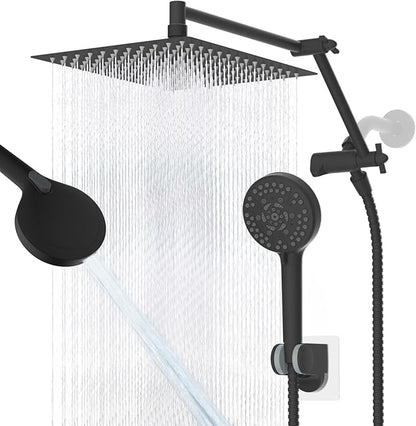 12“ All Metal Black Rain Shower Head with Handheld Spray Combo, High Pressure Rainfall Shower Head with16" Shower Extension Arm, 5“ Handheld Spray Powerful Clean 10-Mode, 3-Way Diverter, Shower Hose