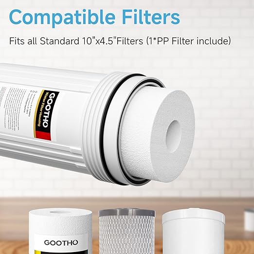 Whole House Water Filter Housing equiped with 10"x4.5" PP Sediment Filters for Well and City Water, Pre-Filtration System for Home, 1" NPT Port, (Housing + PP Filter Combo)
