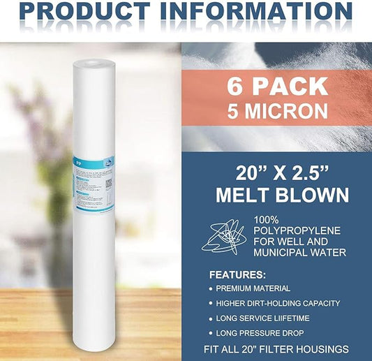 Membrane Solutions 10 Micron Sediment Water Filter Replacement Polypropylene Cartridge 20"x2.5" for Whole House Filter System - 6 Pack