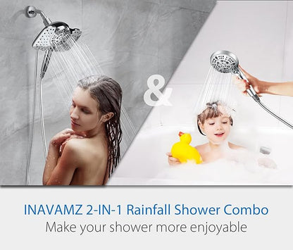 INAVAMZ 2-in-1 Shower Heads with Handheld Spray Combo: 10” Rainfall Shower Head & Hand Held Shower Head, 9 Spray Settings Detachable Shower Head with ON/OFF Switch and 15-Stage Filter