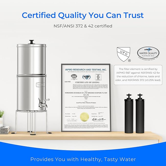 Waterdrop TK-AB-FS Gravity Water Filter System, with Silver Ions Enhanced Filtration, NSF/ANSI 42&372 Standard, Reduces Fluoride and Chlorine, with 4 Filters and Metal Spigot, 2.25G