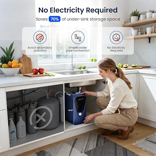 GLACIER FRESH GFU03 Reverse Osmosis System 800 GPD, No Electric/Noise, 3:1 Pure to Drain, 5-Stage Tankless Under-Sink Water Filter System, Filtration Accuracy 0.0001μm, for Any Under-Sink Setting