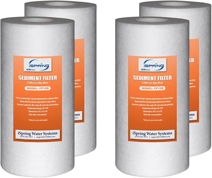 iSpring FP15B Sediment Filter Replacement Cartridge for Whole House Water Filtration Systems, High Capacity 5-Micron Premium PP, 4.5" x 10", Pack of 4