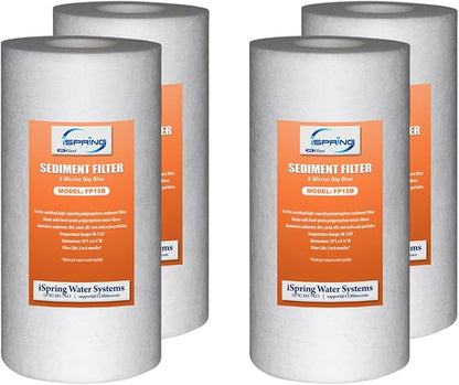 iSpring FP15B Sediment Filter Replacement Cartridge for Whole House Water Filtration Systems, High Capacity 5-Micron Premium PP, 4.5" x 10", Pack of 4
