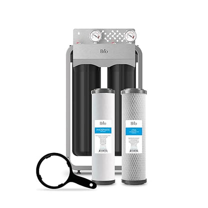 Brio Whole House Water Filter System w/Gauges | 2 Stage Fast-Flow Filtration (Phosphate Anti-Scale, CTO Carbon Block) 4.5" x 20" Filters | Improves Taste, Protects Home Appliances & Shower | 900 GPH