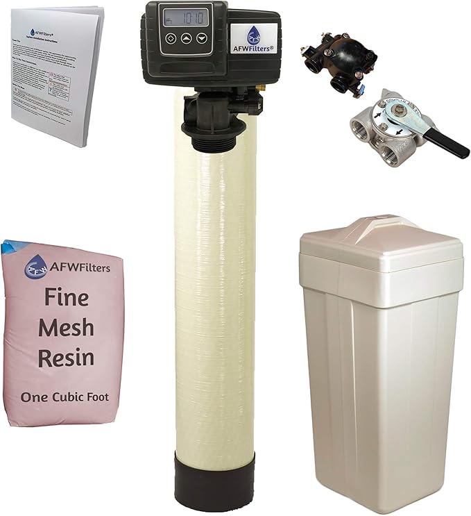 AFWFilters 1 Cubic Foot (32k) Whole Home Iron Pro Water Softener with Fine Mesh Resin, 3/4" Stainless Steel FNPT Connection, and Almond Tanks