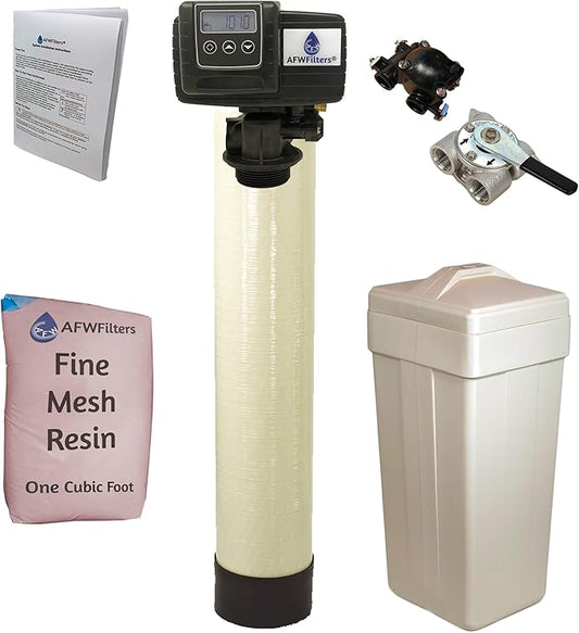 AFWFilters 1 Cubic Foot (32k) Whole Home Iron Pro Water Softener with Fine Mesh Resin, 3/4" Stainless Steel FNPT Connection, and Almond Tanks