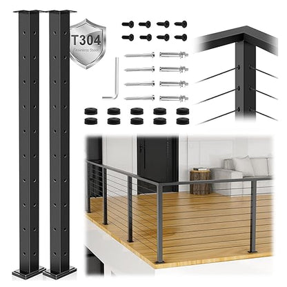 2Pack 36" T304 L-drilled Cable Railing Corner Posts(35"x2"x2") with Cable Grommets, Modular 90° Drilled Fixed Top Mount Heavy Duty Stainless Steel Black Finish for Wooden Concrete Deck Patio