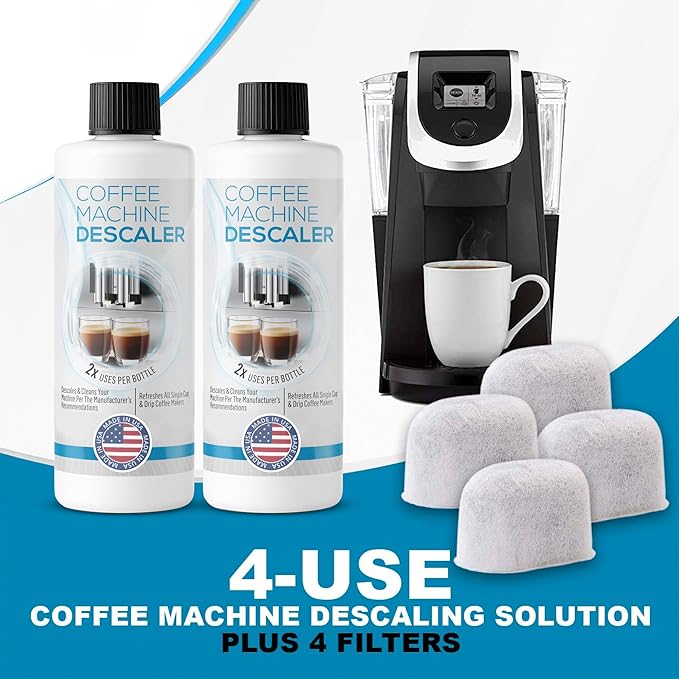 FreshFlow Keurig Compatible Descaling Solution - Descaler Cleaner Concentrate Kit For All 1.0 & 2.0 K-Cup Pod Machines and Espresso Machines - (2 Bottles, 4 Uses Plus 4 Filters)