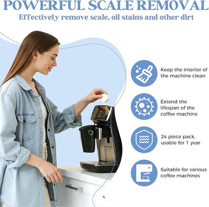 24 Coffee Maker Cleaner Descaler Tablets for Coffee Pot & Coffe Machine | Compatible With Keurig, Nespresso, Ninja, Philips, Miele, Breville, DeLonghi, Espresso & Drip Machines