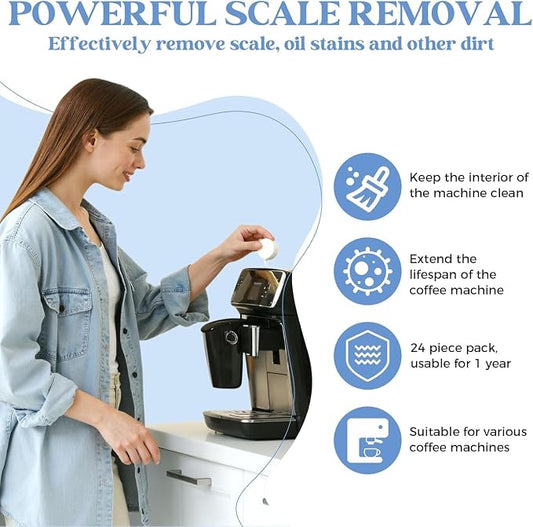 24 Coffee Maker Cleaner Descaler Tablets for Coffee Pot & Coffe Machine | Compatible With Keurig, Nespresso, Ninja, Philips, Miele, Breville, DeLonghi, Espresso & Drip Machines