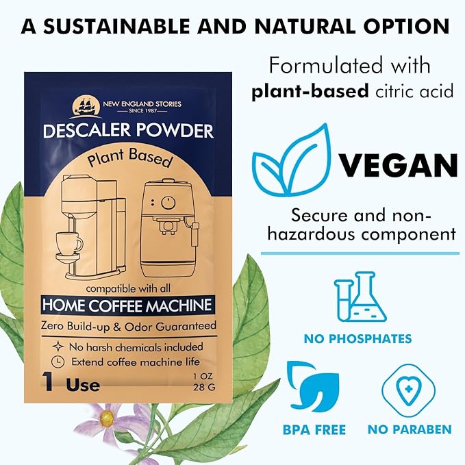 Descaling Powder Solution (4 Uses) Removes Scale and Build-Up, Automatic Coffee Pots & Makers & Espresso Machines Descaler, Compatible with Keurig Breville Nespresso Delonghi Ninja