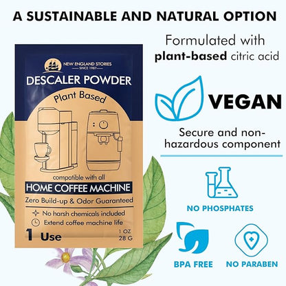 Descaling Powder Solution (4 Uses) Removes Scale and Build-Up, Automatic Coffee Pots & Makers & Espresso Machines Descaler, Compatible with Keurig Breville Nespresso Delonghi Ninja