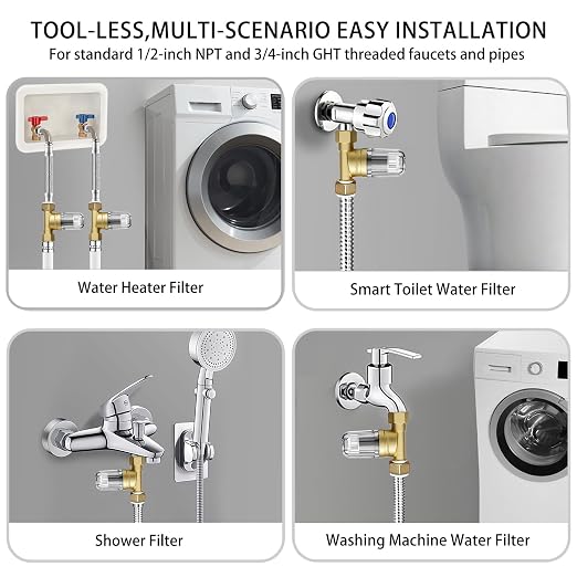 XZ02 50 Micron Reusable Washing Machine Water Filter, Compact Brass Washer Water Filter, for Washing Machine, Heater, Camping, Travel, Anti Scale Portable Sediment Filter
