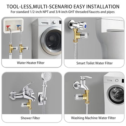 XZ02 50 Micron Reusable Washing Machine Water Filter, Compact Brass Washer Water Filter, for Washing Machine, Heater, Camping, Travel, Anti Scale Portable Sediment Filter