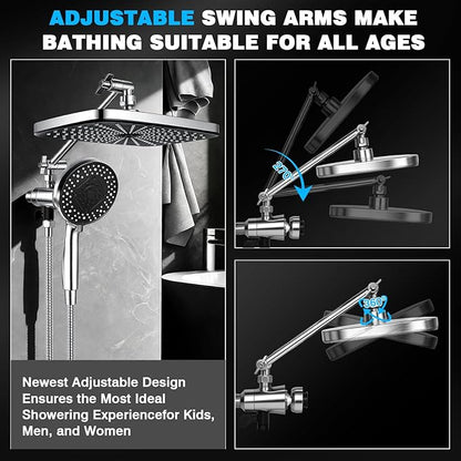 Rainfall Shower Head With Handheld Combo, Adjustable Drivse Filtered Shower Heads with Handheld Spray Combo, One-piece High Pressure, Built-in Magnetic Docking and Power Jets
