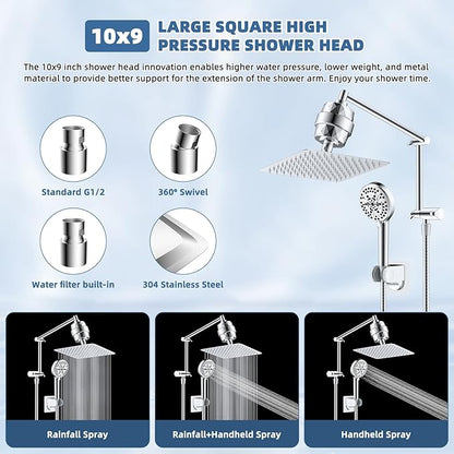 iFealClear Metal Rain Filtered Shower Head, 10” High Pressure Rainfall Shower Head with Handheld Spray, 5“ Handheld Powerful Wash 10-Mode, 16" Adjustable Extension Arm, 20-Stage Shower Filters, Chrome