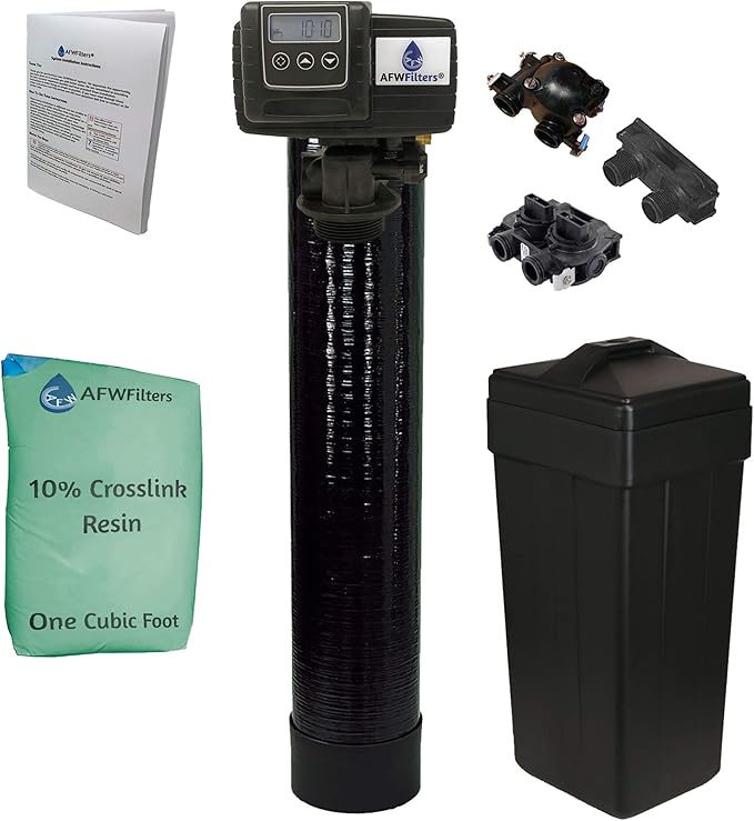 AFWFilters 1 Cubic Foot (32k) Whole Home Water Softener with Durable 10% Crosslink Resin, 3/4" Plastic MNPT Connection, and Black Tanks