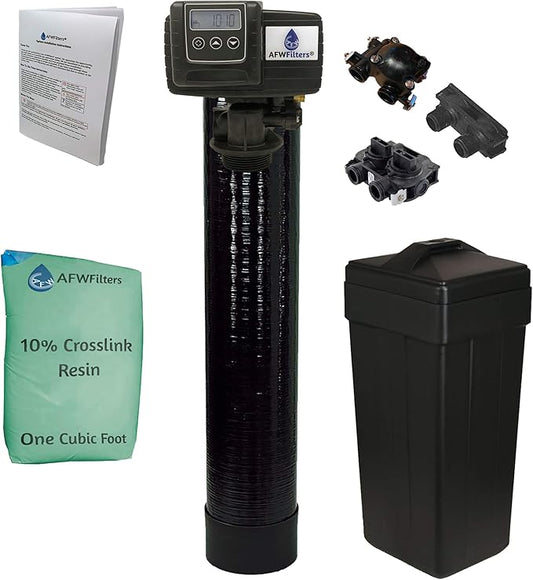 AFWFilters 1 Cubic Foot (32k) Whole Home Water Softener with Durable 10% Crosslink Resin, 3/4" Plastic MNPT Connection, and Black Tanks