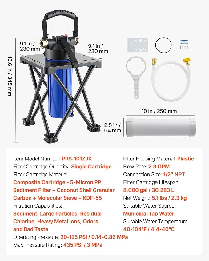 VEVOR RV Water Filter System for Campers, RVs & Travel Trailers, 2.5 x 10 in 5-Micron Filter with Cartridge & Bracket, Reduces Sediment, Chlorine, Bad Taste & Odors